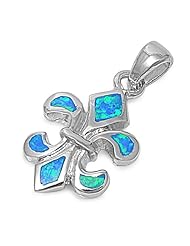 Sterling Silver Blue Lab Opal Fleur De Lis Pendant and Necklace