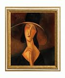 Art Reproduction Oil Painting - Modigliani Paintings: Portrait of Woman in Hat with Tuscan Crackle Frame - Gold Finished Wood with White Crackle Accent - 26 X 30 - Hand Painted Framed Canvas Art