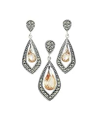 Sterling Silver Marcasite Open Rhombus with Chess Cut Champagne Cubic Zirconia Dear Dangle Earring and Pendant Set