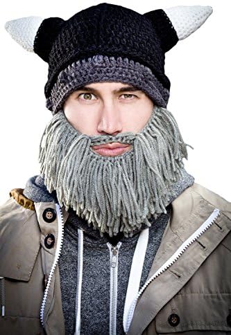 Heydubi Viking Beanie Hat Beard Mustache Knit Hat with Ox Horns (Grey)