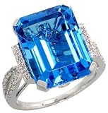 14k White Gold Large Stone Ring, w/ 0.23 Carat Brilliant Cut Diamonds & 13.00 Carats 16x12mm Emerald Cut Blue Topaz Stone, 5/8 (16mm) wide