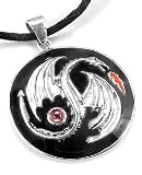Sterling Silver and Garnet Yin-Yang Black Enamel Dragon Medallion Pendant Necklace