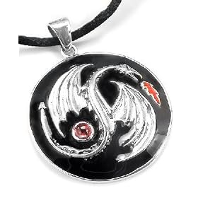 Sterling Silver and Garnet Yin-Yang Black Enamel Dragon Medallion Pendant Necklace