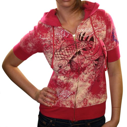 ED HARDY Christian Audigier Platinum Koi Short Sleeve Womens Hoodie Sweatshirt Top
