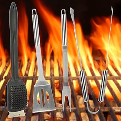 Harbor Creek 4-Piece Barbecue Grill Set- Stainless Steel Grilling Utensils- Heat Resistant Tool Handles- Dishwasher Safe- Accessories Include Spatula, Fork, Tongs & Brush