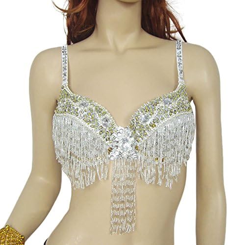 AveryDance Rhinestone Bead Tassel Bra Top Belly Dance Halloween Costume, silver