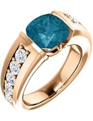 18K Rose Gold 8.00x8.00mm Antique Cushion Cut London Blue Topaz and Diamond Ring -- LIFETIME WARRANTY