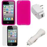 GTMax White USB Car Charger + White USB Home Travel Charger + Hot Pink Silicone Skin Soft Cover Case + LCD Screen Protector for Apple iPod Touch 4th Generation