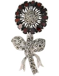 Sterling Silver Marcasite Large Sunflower Brooch Pin w/ Pear Cut Garnet Stones, 2 7/16 in. (62mm) tall