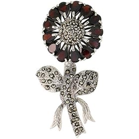 Revoni Sterling Silver Marcasite Large Sunflower Brooch Pin w/ Pear Cut Garnet Stones, 2 7/16 in. (62mm) tall