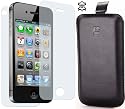 Handarbeit ORGINAL Indigo ECHT Leder Hülle Ledertasche Etui Tasche - Spezielle Anfertigung fuer - Apple iPhone4 / iPhone 4 / iPhone 4S / iPhone 4 S/ iPhone 4GS / Schwarz + 2x xubix Displayschutzfolie Displayschutz Folie Schutzfolie