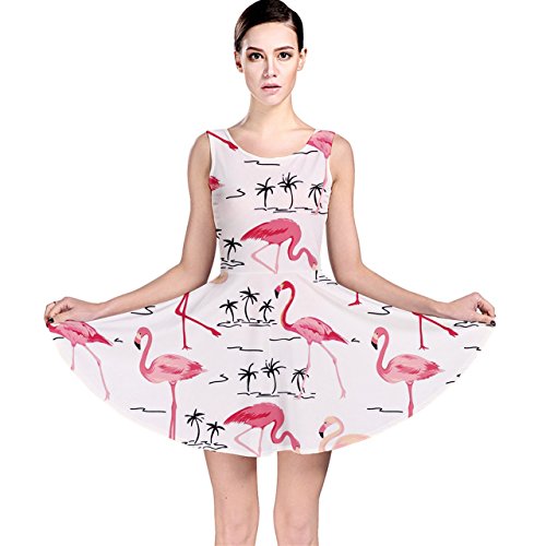 CowCow Colorful Flamingo Bird Pattern Skater Dress, White-L