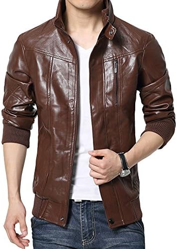 Tidecloth Men's Fashion Autumn Lycra Motor Faux Leather 4 Sizes 3 Colors Brown 2XL