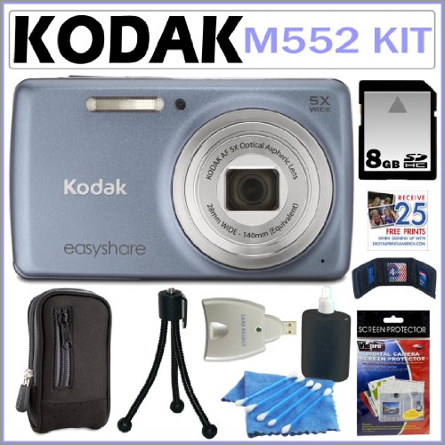 Kodak EasyShare M552 14mp Digital Camera with 5x Optical Zoom and 2.7-Inch LCD in Blue Gray + 8GB Accessory Kit