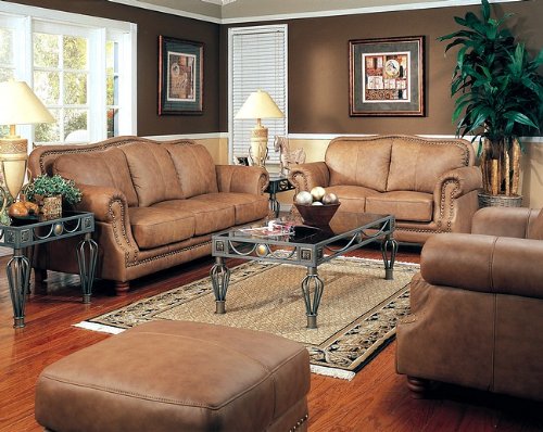 3pcs Savannah Nailhead Style Italian Leather Chair, Loveseat & Sofa Set