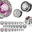 316L Surgical Steel Screw fit Hollow Tunnel Plug with Multi-Gemmed Rim and Pink CZ Center - 6G - Sold as a Pair