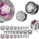 316L Surgical Steel Screw fit Hollow Tunnel Plug with Multi-Gemmed Rim and Pink CZ Center - 2G - Sold as a Pair