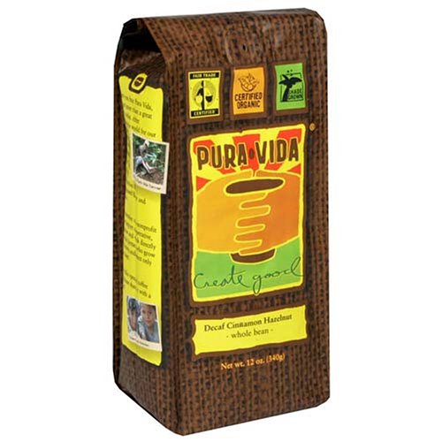 Pura Vida Decaf Whole Bean Coffee, Cinnamon Hazelnut, 12-Ounce Bags (Pack of 3)