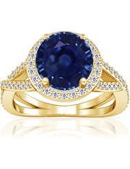 14K Yellow Gold Round Cut Blue Sapphire Ring With Sidestones (GIA Certificate)
