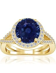 18K Yellow Gold Round Cut Blue Sapphire Ring With Sidestones (GIA Certificate)