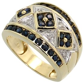 14k Gold Ring 9/16" (14mm) wide, w/ 1.50 Total Carat Weight of Round Brilliant Diamonds & Blue Sapphire Stones