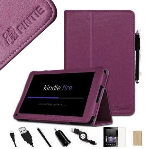 FINTIE ® Dark Purple PU Leather Folio Case Cover Value Package with Screen Protector/Stylus/USB cable/Car charger for Amazon Kindle Fire