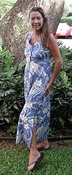 Button Front Long Tank - Melia (Plumeria) Empire Waist Ruched Bust Line Drawstring Back Tie Hawaiian Aloha Ankle Length Dress - Regluar Size