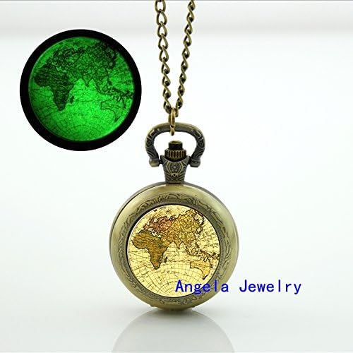 Pretty Lee Fashion Old World Map Glowing Pocket Watch Necklace Map Jewelry Glow in The Dark Pendant