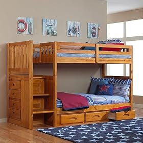 Honey Twin Twin Staircase Mission Bunk w  3 Drawers: Desk Hutch and Chair
