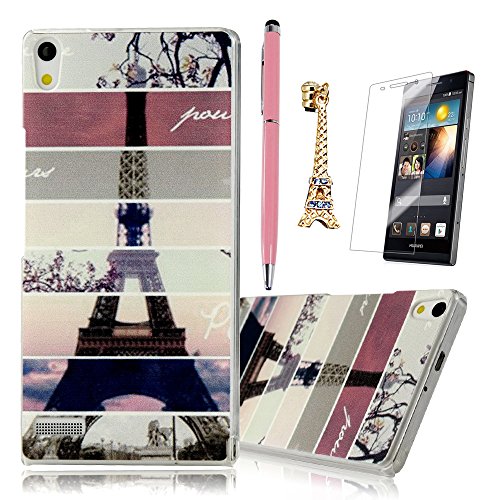 P6 Case Huawei Ascend P6 Case MOLLYCOOCLE Fashion Style Transparent Painted PC Phone Back Cover with Stripe Eiffel Tower Pattern for Huawei P6+1x Stylus Pen+1x Dust Plug+1x Screen Protector
