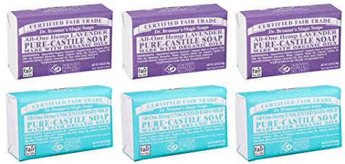 Dr. Bronner's Magic Castile Bar Soaps, Lavender & Unscented Baby-Mild (6x5 Oz.)