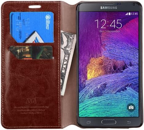MYBAT For SAMSUNG Galaxy Note 4. Leather Flip Wallet Book Style Pouch Folio Case Cover Stand with Credit Card Slots Tray &amp; Disinfecting Alcohol Pad V|3 (Brown)