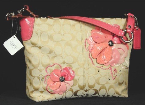 Coach Signature Bleecker Floral Applique Shoulder Hobo Bag Purse 16879 Khaki Rose
