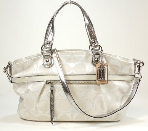 Coach Poppy Metallic Signature Sateen Rocker Convertible Satchel Bag Tote 18984 Silver