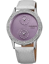 Akribos XXIV Womens AK569WT Lady Diamond Dual Time Leather Strap Watch