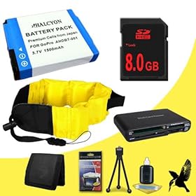 Halcyon 1500 mAH Lithium Ion Replacement Battery + 8GB SDHC Class 10 Memory card + Waterproof Floating Strap + Multi Card USB Reader + Memory Card Wallet + Deluxe Starter Kit for GoPro HD Hero, HD Hero2, HD HERO Naked