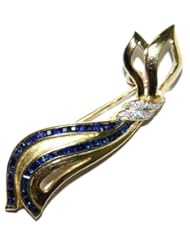 Genuine Diamond 18K Yellow Gold Blue Sapphire Brooch/Pin [I010_1]