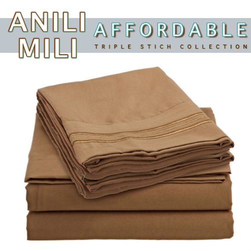 Anili Mili's Triple Stitch Embroidery Affordable 4 PC Bed Sheet Set - King Size, Light Brown
