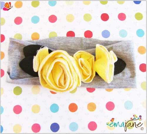 Ema Jane (Yellow Rosettes on Gray) Shabby Chic Girl Flower Headbands - Fits Baby, Toddler, Child