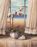2 Art Prints Ocean View Window Cool Spring Flowers Floral Picture Sea Poster