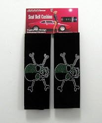 - 	 Green Skull Pair Shoulder Seat Belt Pad Crystals Studded Rhinestone Car Truck SUV