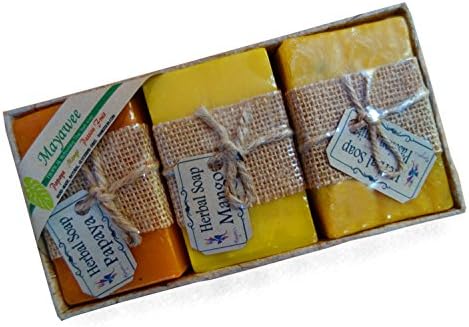 Mayawee Tropical Handmade Gift-Ready Thai Natural gylcerin-free body soap set, Papaya, Mango, Passion fruit
