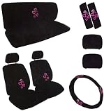 11PC Pink Rose Forever Love Hearts Low Back Seat Covers Bench Seat Cover Shoulder Pads Steering Wheel Cover Head Rest Covers Combo Kit