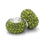 Bella Fascini Olive Green Swarovski Crystal Element Pave, Sterling Silver European Bead Charms, Set of 2
