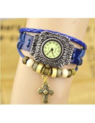 KANO BAK(TM) Blue Color Retro Bronze Women Ladies Weave Wrap Lucky Cross Leather Bracelet Bangle Quartz Gift Watch
