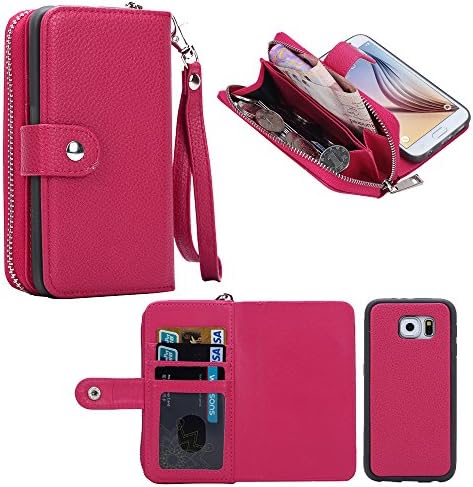 Samsung Galaxy S6 Case,(Rose)ATQ® Premium Leather Wallet Case 2 in 1 Magnetic Detachable Back Back Flip Case with Strap