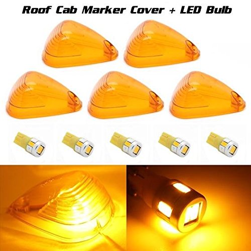 Partsam Set/5 Amber Roof Running Light Cab Marker Cover+High Power T10 Amber 6-5730-SMD LED Bulbs for 1999-2015 Ford E/F-150 250 350 450 550