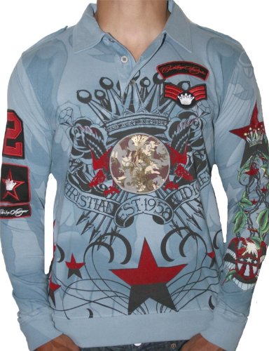 CHRISTAIN AUDIGIER Ed Hardy Mens Tattoo Crown Logo Star Long Sleeve Polo Shirt Blue