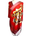 SilkNOW Hand Painted Scarlet Red 100% Pure Silk Satin Scarf with Beautiful Multi Colored Floral Pattern