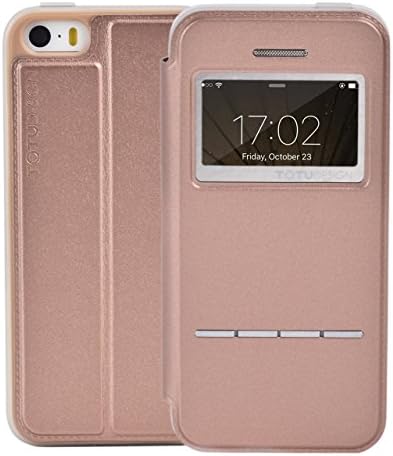 Slide to Answer Case iPhone5/5S/5SE Case, Chaldean Premium PU Leather Flip Case for iPhone 5s Rose Gold
